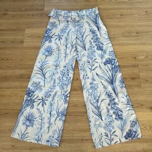 Itala Womens Blue White Floral Wide Leg Trouser Pants Small Lightweight New Boho